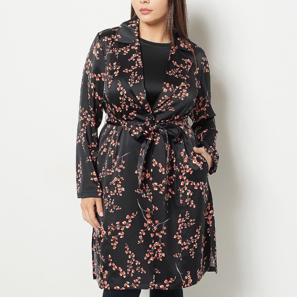 J Jason Wu Black Woven Printed Floral Trench Coat-Size L